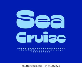 Vector anuncio de viaje Sea Cruise. Fuente Creative Blue. Conjunto de letras y números decorativos del alfabeto.