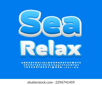 Vector travel advertisement Sea Relax. Blue and White creative Font. Modern Alphabet Letters and Numbers set