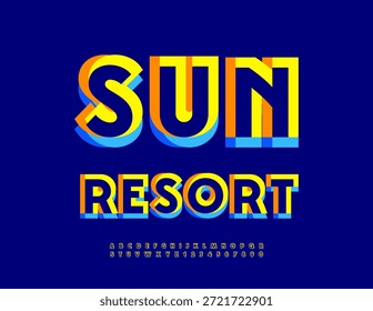 Anúncio de viagem vetorial Sun Resort. Fonte colorida brilhante. Letras e Números de Alfabeto Criativo Exclusivos definidos.