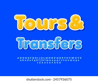 Tours y traslados en Vector. Fuente azul brillante. Conjunto de letras, números y símbolos del alfabeto brillante moderno.