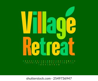 Vector travel advertisement Village Retreat. Uppercase Bright Font. Colorful set of Alphabet Letters and Numbers