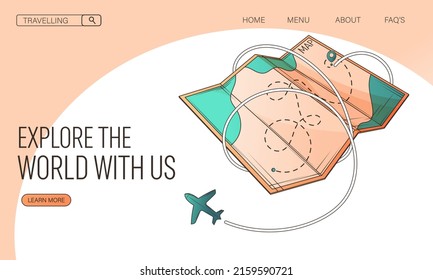 Fondo de viaje vectorial con mapa y ruta de avión, plano, icono de ubicación. Viajes, carreteras, aventuras, concepto de viaje. Plantilla de vectores perfecta para banner, afiche, sitio web, publicidad.