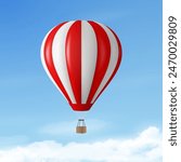 Vector Travel Banner with 3d Realistic Hot Air Balloon Icon on a Blue Sky Background. Design Template, Summer Vacation, Travelling, Tourism and Journey Concept