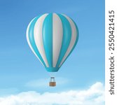 Vector Travel Banner with 3d Realistic Hot Air Balloon Icon on a Blue Sky Background. Design Template, Summer Vacation, Travelling, Tourism and Journey Concept