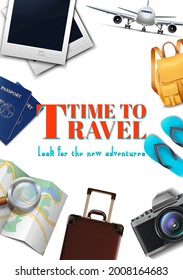 Vector travel banner. 3d realistic luggage, plane, backpack, map, camera, summer travel tourist concept flyer.