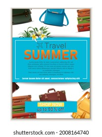 Vector travel banner. 3d realistic luggage, summer travel tourist concept flyer.