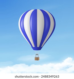 Anuncio de viaje de Vector con globo de aire caliente 3d realista sobre un fondo azul del cielo. Plantilla de diseño, vacaciones de verano, viajes, turismo y concepto de viaje