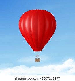 Vector Travel Banner with 3d Realistic Hot Air Balloon Icon on a Blue Sky Background. Design Template, Summer Vacation, Travelling, Tourism and Journey Concept