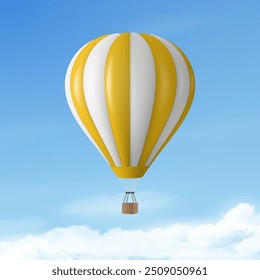 Vektor Reise Banner mit 3D realistischen Heißluftballon Symbol auf blauem Himmel Hintergrund. Design-Vorlage, Sommerurlaub, Reisen, Tourismus und Reisekonzept