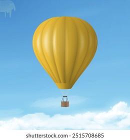 Vector Travel Banner with 3d Realistic Hot Air Balloon Icon on a Blue Sky Background. Design Template, Summer Vacation, Travelling, Tourism and Journey Concept