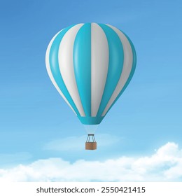 Banner de viagem vetorial com ícone de balão de ar quente realista 3d em um fundo azul-celeste. Modelo de Design, Férias de Verão, Viagens, Turismo e Conceito de Viagem