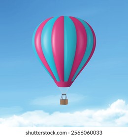 Vector Travel Banner with 3d Realistic Hot Air Balloon Icon on a Blue Sky Background. Design Template, Summer Vacation, Travelling, Tourism and Journey Concept