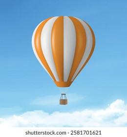 Vector Travel Banner with 3d Realistic Hot Air Balloon Icon on a Blue Sky Background. Design Template, Summer Vacation, Travelling, Tourism and Journey Concept