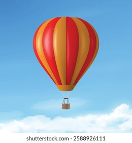 Vector Travel Banner with 3d Realistic Hot Air Balloon Icon on a Blue Sky Background. Design Template, Summer Vacation, Travelling, Tourism and Journey Concept