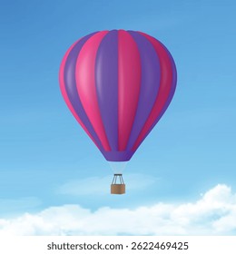 Vector Travel Banner with 3d Realistic Hot Air Balloon Icon on a Blue Sky Background. Design Template, Summer Vacation, Travelling, Tourism and Journey Concept