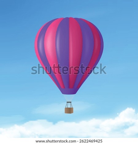 Vector Travel Banner with 3d Realistic Hot Air Balloon Icon on a Blue Sky Background. Design Template, Summer Vacation, Travelling, Tourism and Journey Concept