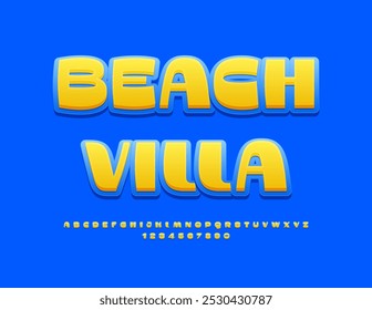 Banner de viagem vetorial Beach Villa. Fonte amarela e azul elegante. Letras e Números Alfabetos Elegantes Brilhantes definidos.