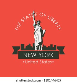 Vector travel banner. Famous American landmark - statue of liberty against the backdrop of the urban landscape with skyscrapers of New York, USA