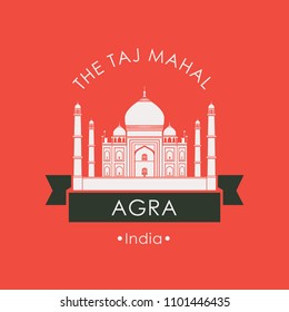 Vector travel banner. The famous mausoleum mosque Taj Mahal in Agra. Indian national landmark in retro style on red background