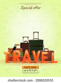 Vector travel banner with hand drawn elements. Summer trip time to travel concept background with luggage. 