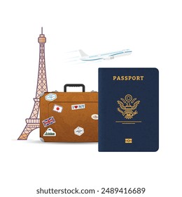 A vector travel banner illustration with a large passport in the foreground, a suitcase adorned with stickers from various countries, the Eiffel Tower in the background, and an airplane taking off.