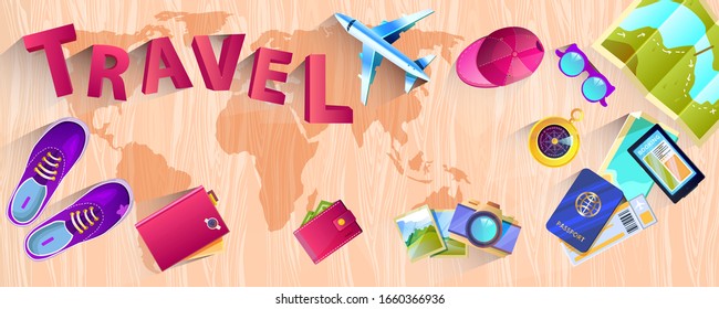 Vector travel banner with little airplane, map of the world,passport, camera, hat, tickets, compass, sunglasses. Summer vacation flat lay in cartoon style. Horizontal illustration on wooden background