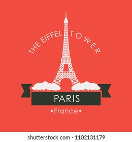 Vector travel banner or logo. The famous Eiffel tower in Paris, Champs Elysees, France. French landmark in retro style on red background