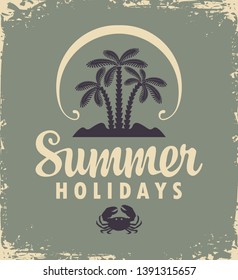 Vector travel banner or logo with palm trees, tropical island, decorative sun and words Summer Paradise on the old paper background. Summer poster, flyer, invitation or card in retro style