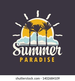 Vector travel banner or logo with palm trees on tropical island and decorative sun, clouds and words Summer Paradise on the dark background. Summer poster, flyer, invitation or card in retro style