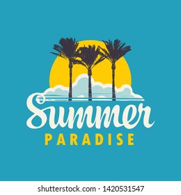 Vector travel banner or logo with palm trees, tropical island, sun, clouds and words Summer Paradise on the blue background. Summer poster, flyer, invitation or card in retro style
