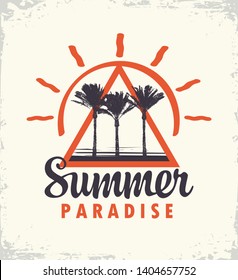 Vector travel banner or logo with palms trees and words Summer Paradise on the old paper background. Summer poster, flyer, invitation or card in retro style.