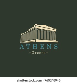 Vector Travel Banner Or Logo. Parthenon From Athens, Acropolis, Greece. Greek Ancient National Landmark In Retro Style