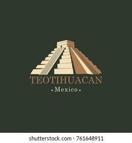 Vector travel banner or logo. The teotihuacan pyramids in Mexico, North America. Ancient stepped pyramids with temples on top. Mesoamerican architectural landmark