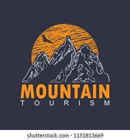 Vector travel banner with mountains and words Mountain tourism in retro style