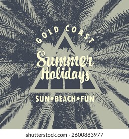 Vector travel banner with palm tree, triangle frame and summer holidays lettering on old paper background. Summer poster, flyer, travel booklet, invitation or postcard in vintage style, t-shirt design