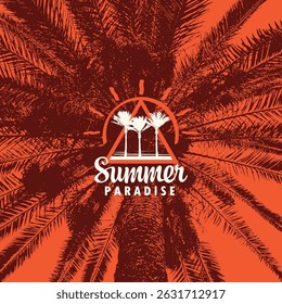 Vector travel banner with palm tree, triangle frame and lettering summer paradise on old paper background. Poster, flyer, travel booklet, invitation or postcard in vintage style, t-shirt design. No AI
