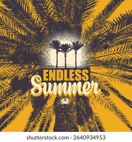 Vector travel banner with palm tree in circle and lettering endless summer on old paper background. Poster, flyer, travel booklet, invitation or postcard in vintage style, t-shirt design. No AI