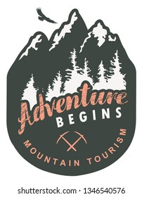Vector travel banner or pennant in retro style with snow covered mountains, fir trees, flying eagle and inscription the Adventure begins. Mountain tourism	