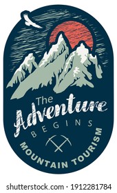 Vector travel banner or pennant in retro style with snow covered mountains, flying eagle and an inscription the Adventure begins. Mountain tourism