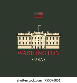 Vector travel banner. The presidential residence the White house in Washington, DC. USA landmark with american flag