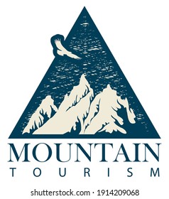 Vector travel banner in retro style and snow  capped mountains  flying eagle   the words Mountain tourism  Suitable for emblems  flyers  triangular pennants 