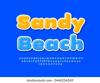 Póster del Anuncio de viaje de Vector Sandy Beach. Fuente azul brillante. Conjunto de letras y números del alfabeto artístico.