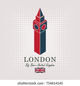 Vector travel banner. Schematic drawing of the big ben in London with the inscription and the british flag on abstract background