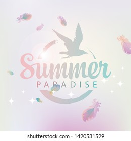 Vector travel banner with seagull and words Summer Paradise on abstract pink background with bird feathers and glares. Summer poster, flyer, invitation or card