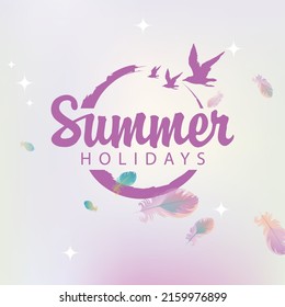 Vector travel banner with seagull and words Summer Paradise on abstract pink background with bird feathers and glares. Summer poster, flyer