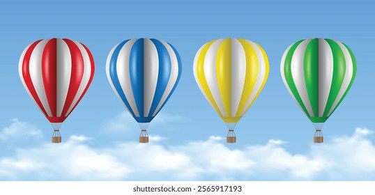 Vector Travel Banner with Set of 3d Realistic Hot Air Balloon Icon with 4 colors on a Blue Sky Background. Design Template, Summer Vacation, Travelling, Tourism and Journey Concept