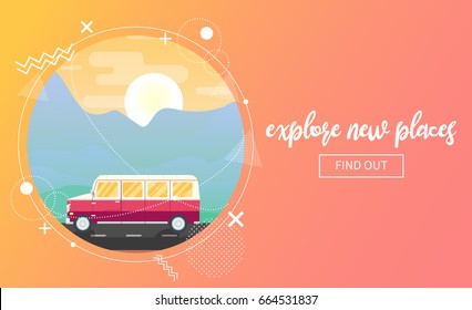 Vector travel banner showing a van riding through mountain landscape at sunset. Memphis decor elements. Copyspace on the right
