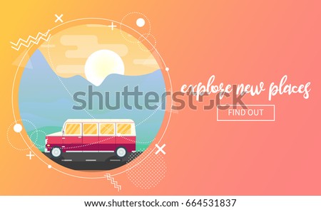 Vector travel banner showing a van riding through mountain landscape at sunset. Memphis decor elements. Copyspace on the right
