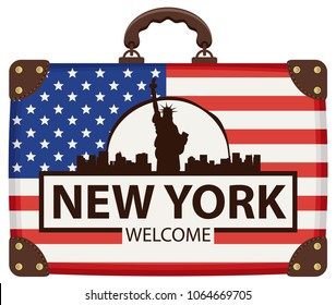 Vector travel banner with suitcase in colors of American flag with Statue of Liberty in New york, USA, the american national landmark. The inscription New york welcome