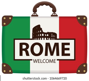 Vector travel banner with suitcase in colors of Italian flag with Ancient amphitheater Colosseum in Rome, Italy, the Italian national landmark. The inscription Rome welcome